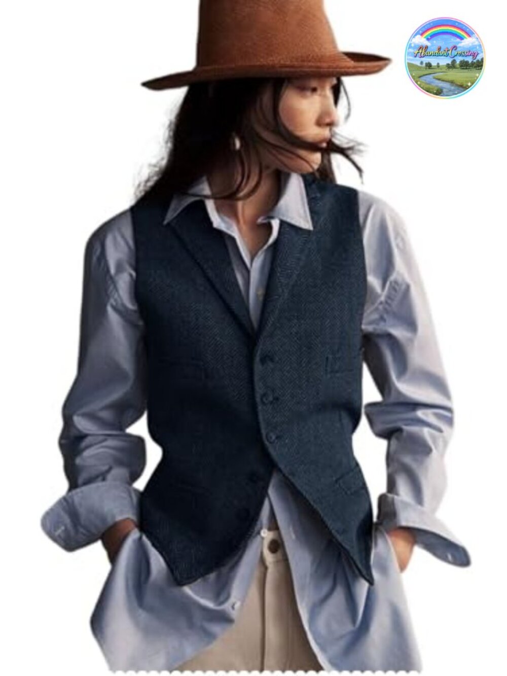 Herringbone Tweed Waistcoat V-Neck Lapel Suit Vest with Pocket